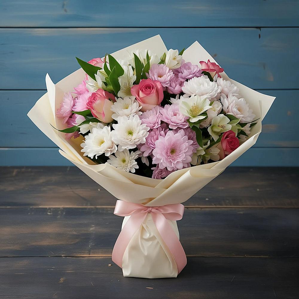 Букет цветов из: Хризантемы, Альстромерии и Розы в Тынде